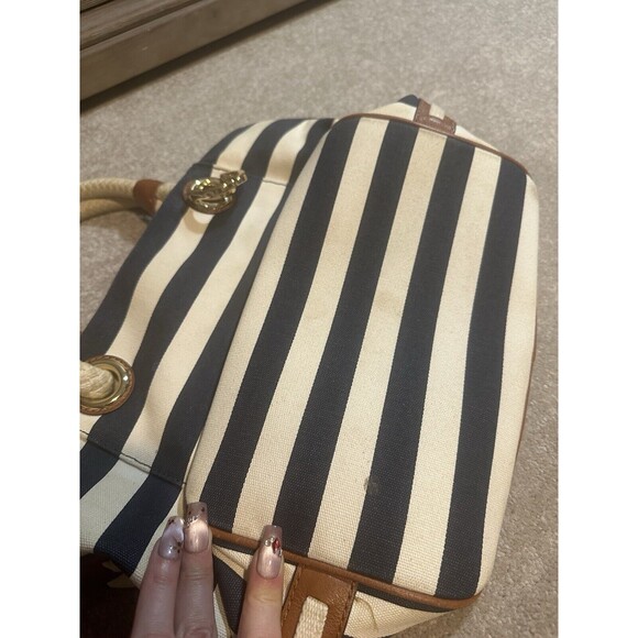 Michael Kors Marina Navy Blue White Stripe Nautical Canvas Tote - Picture 6 of 16